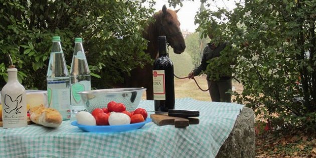 gedeckter Tisch mit Tomaten und Mozzarella, Mensch mit Pferd im Hintergrund